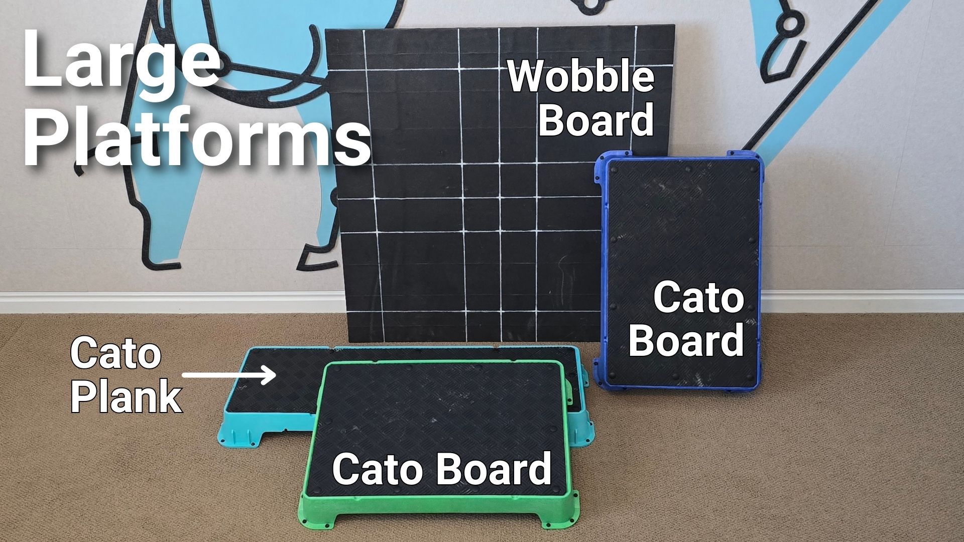 Image showing a variety of large platforms used in canine fitness, including a wobble board, Cato Board, and Cato Plank.