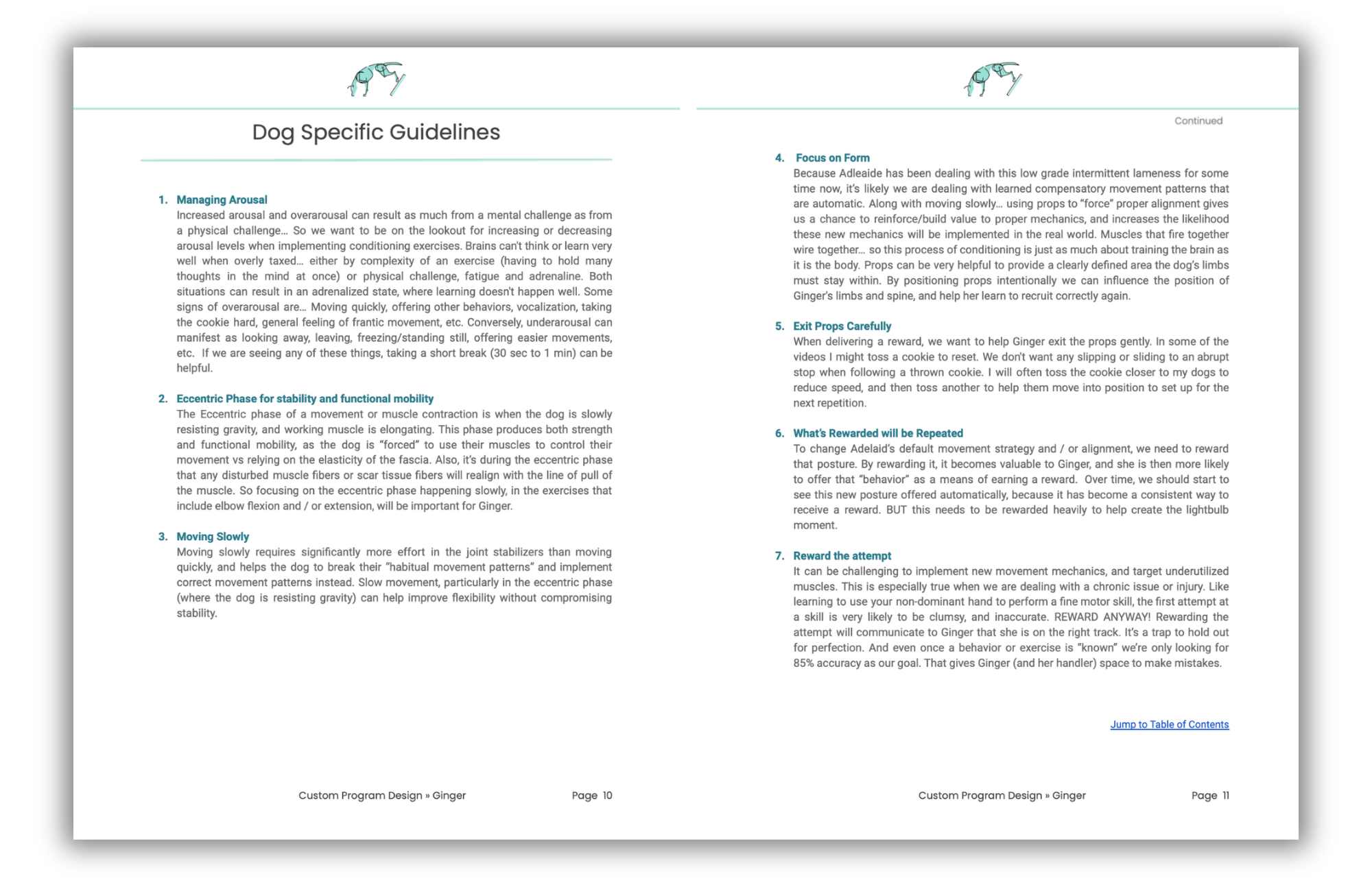 Image showing the Dog Specific Guidelines page from a Canine Conditioning Coach Custom Program.