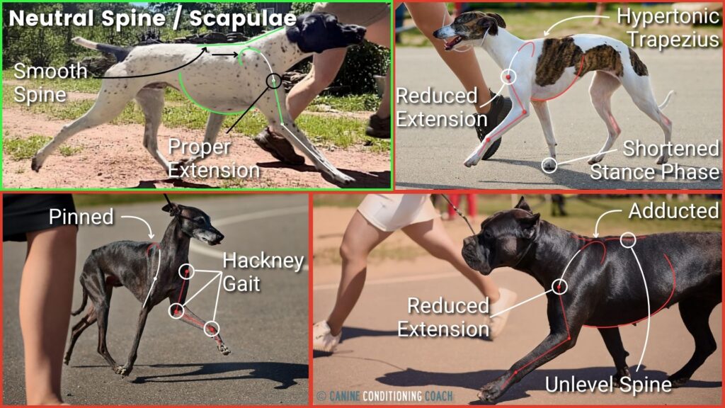 Comparison between dogs trotting with a neutral spine vs dogs with thoracic hyperlordosis, and the impact on forelimb mechanics.
